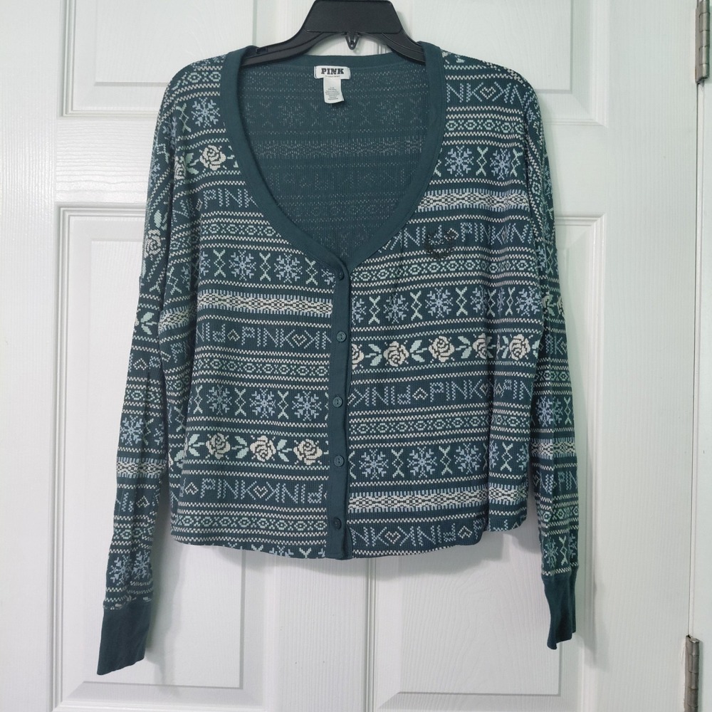 Victoria's Secret PINK Teal Fair Isle Waffle Knit Cardigan Sweater Womens Large